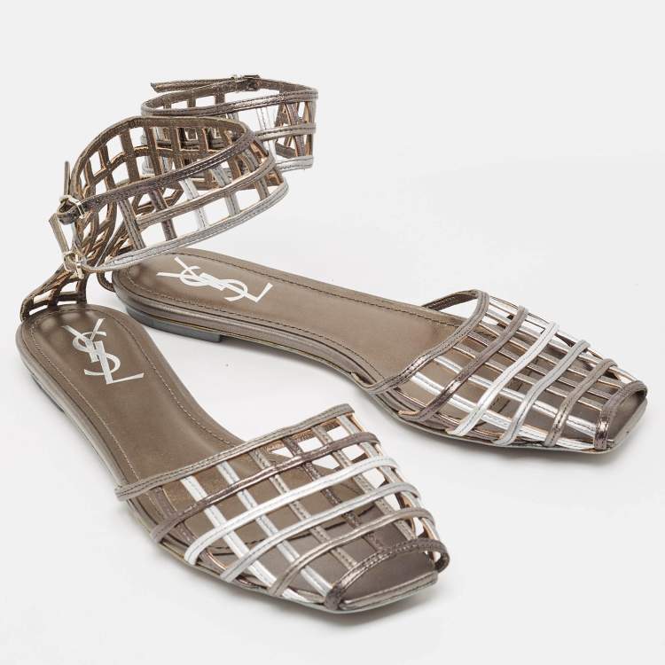Pre Owned Yves Saint Laurent Metallic Tricolor Leather Caged Ankle Strap Flats Size 40