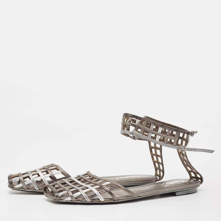Pre Owned Yves Saint Laurent Metallic Tricolor Leather Caged Ankle Strap Flats Size 40