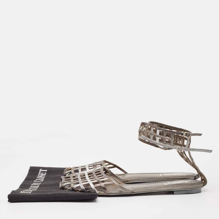 Pre Owned Yves Saint Laurent Metallic Tricolor Leather Caged Ankle Strap Flats Size 40