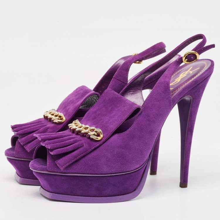 Pre Owned Yves Saint Laurent Purple Suede Slingback Platform Sandals Size 41