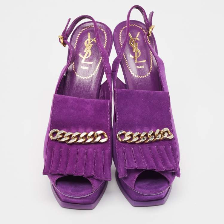 Pre Owned Yves Saint Laurent Purple Suede Slingback Platform Sandals Size 41