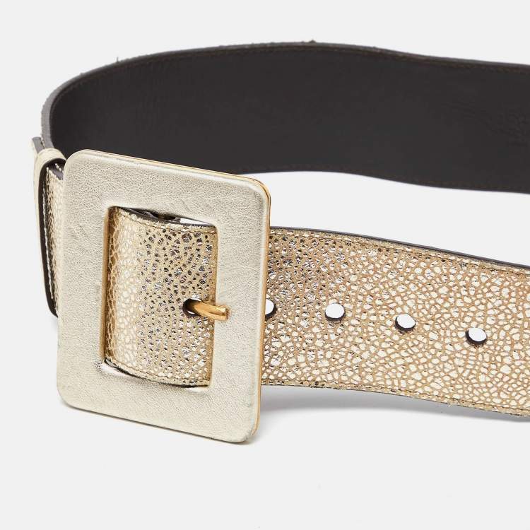 Pre Owned Yves Saint Laurent Gold Leather Buckle Waist Belt 70CM