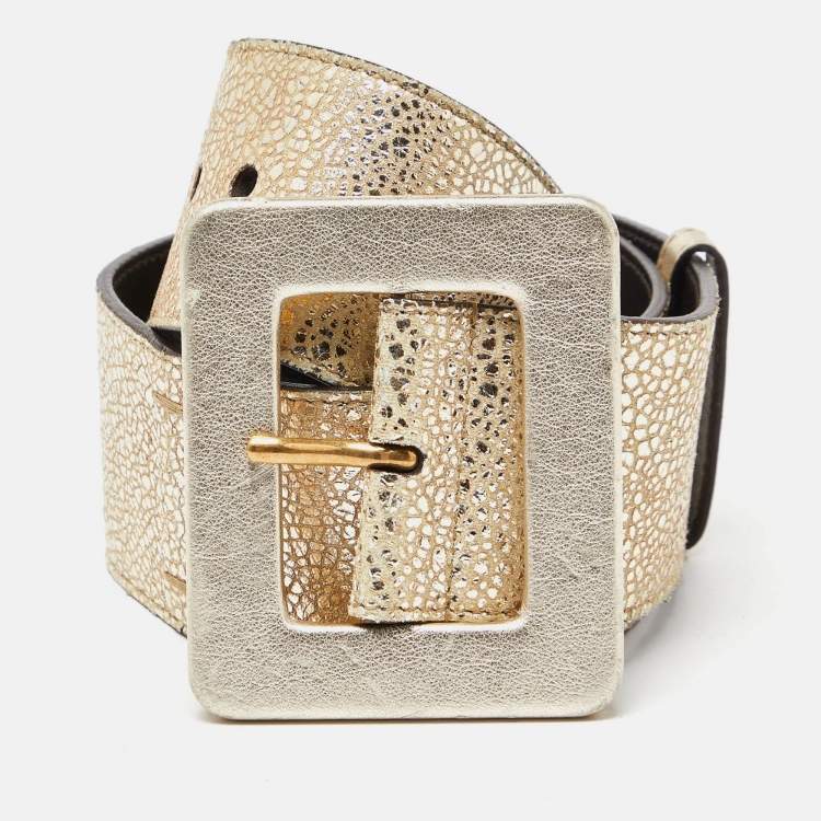 Pre Owned Yves Saint Laurent Gold Leather Buckle Waist Belt 70CM