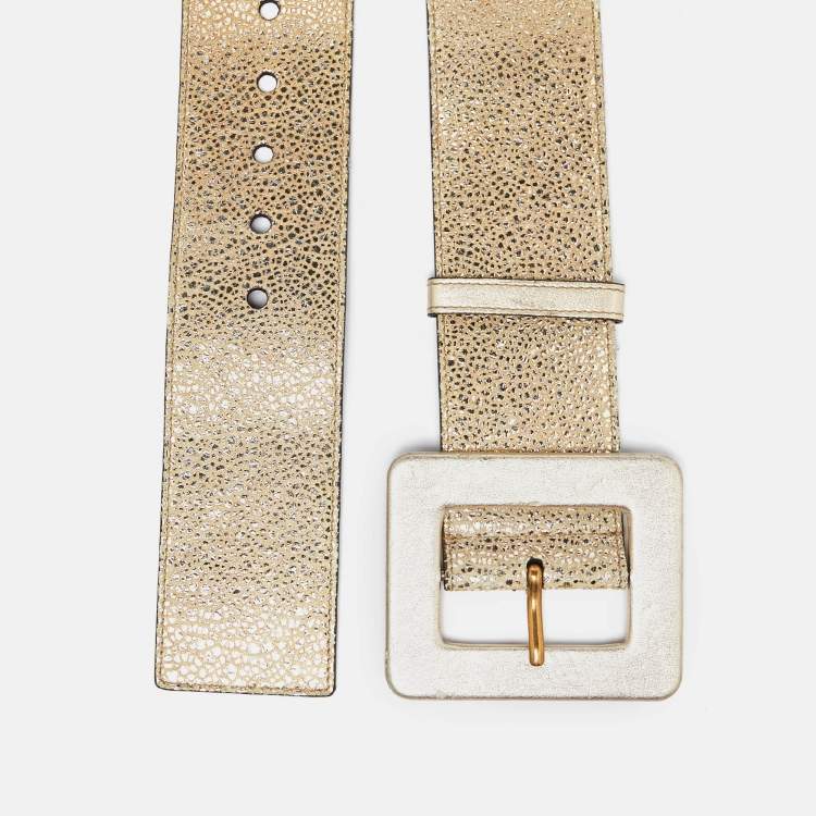 Pre Owned Yves Saint Laurent Gold Leather Buckle Waist Belt 70CM