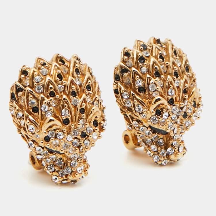 Pre Owned Yves Saint Laurent Gold Tone Crystal Embellished Clip-On Earrings