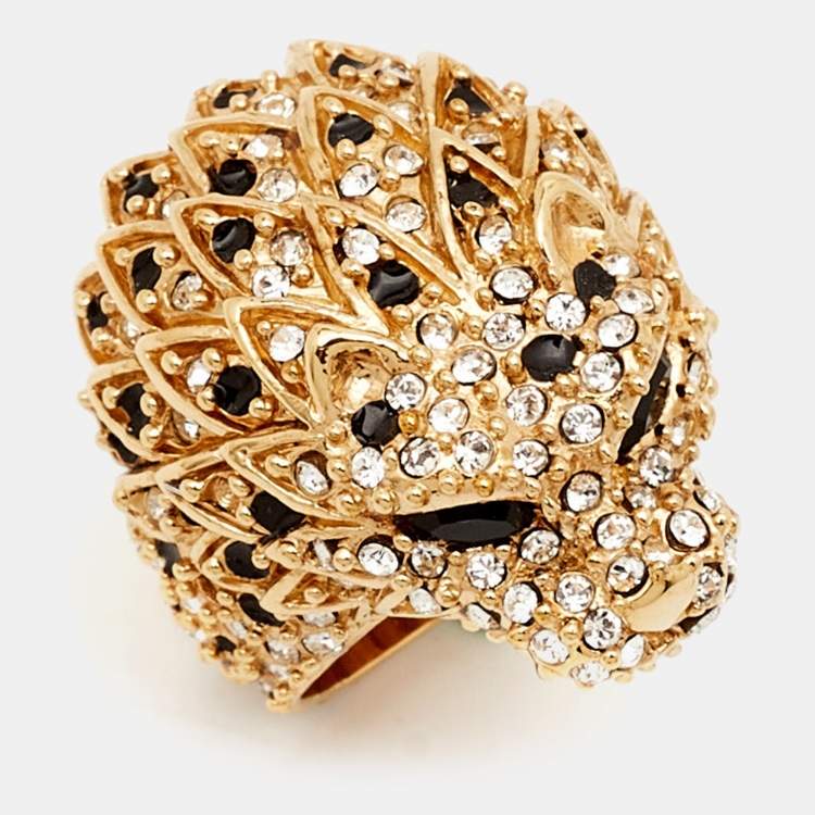 Pre Owned Yves Saint Laurent Hedi Crystals Enamel Gold Tone Cocktail Ring Size 53