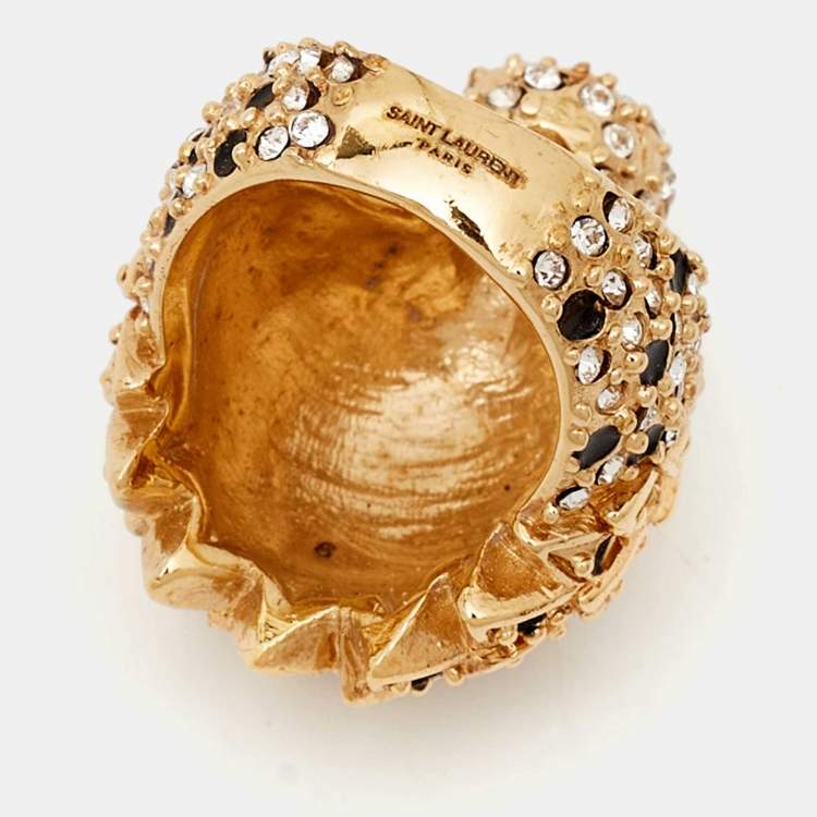 Pre Owned Yves Saint Laurent Hedi Crystals Enamel Gold Tone Cocktail Ring Size 53