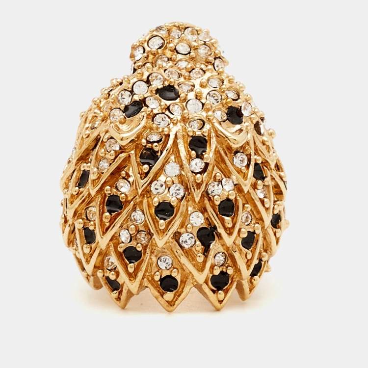 Pre Owned Yves Saint Laurent Hedi Crystals Enamel Gold Tone Cocktail Ring Size 53