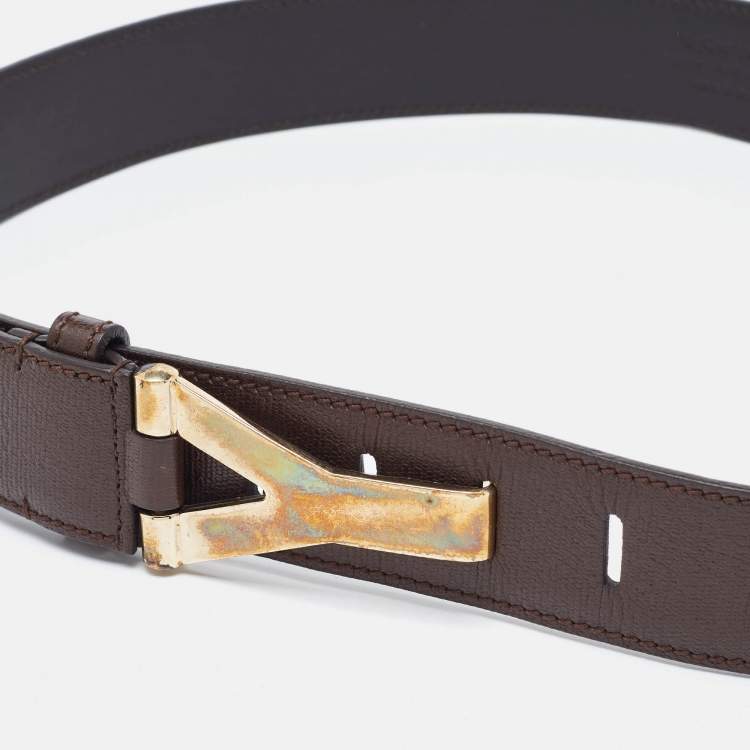 Pre Owned Yves Saint Laurent Dark Brown Leather Y Buckle Belt 95CM