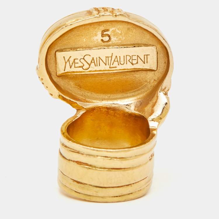 Pre Owned Yves Saint Laurent Arty White Cabochon Glass Gold Tone Ring Size 49