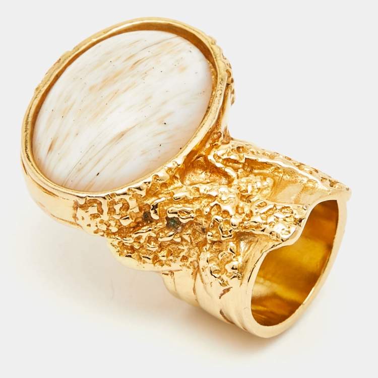Pre Owned Yves Saint Laurent Arty White Cabochon Glass Gold Tone Ring Size 49