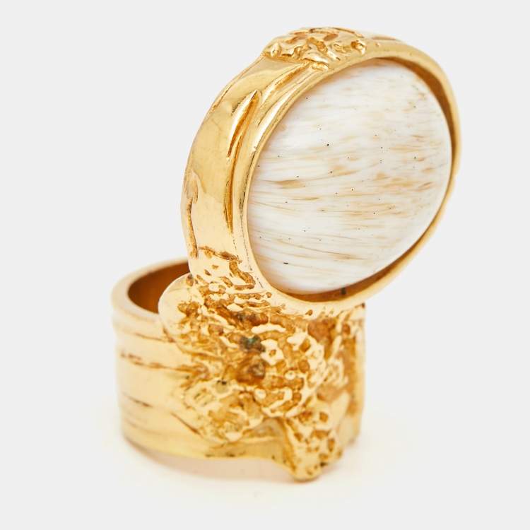 Pre Owned Yves Saint Laurent Arty White Cabochon Glass Gold Tone Ring Size 49