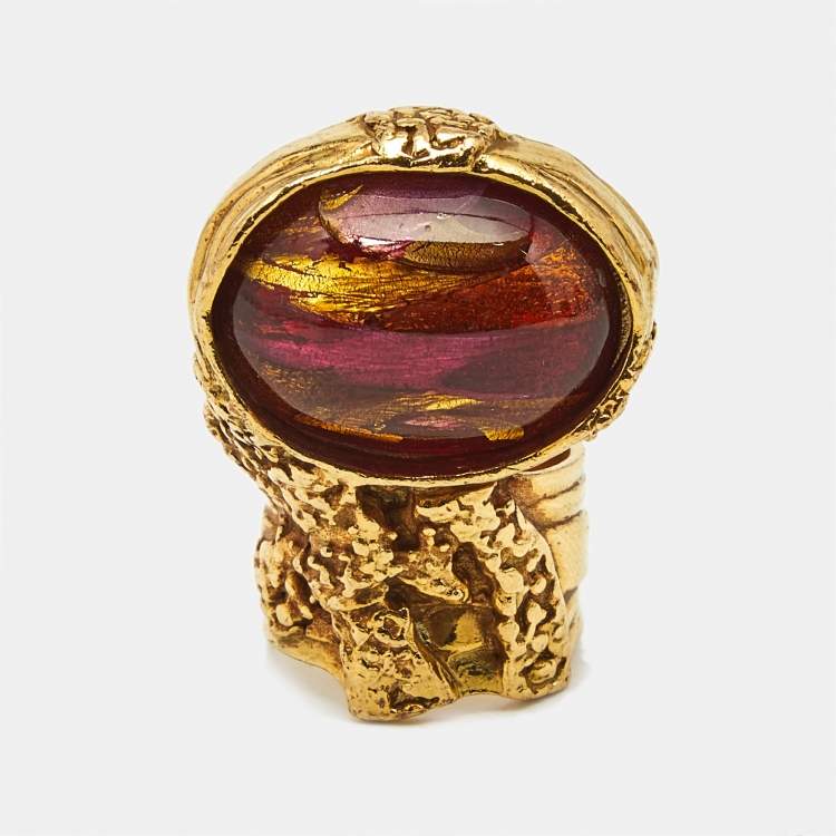 Pre Owned Yves Saint Laurent Arty Multi Color Glass Cabochon Gold Tone Ring Size 54