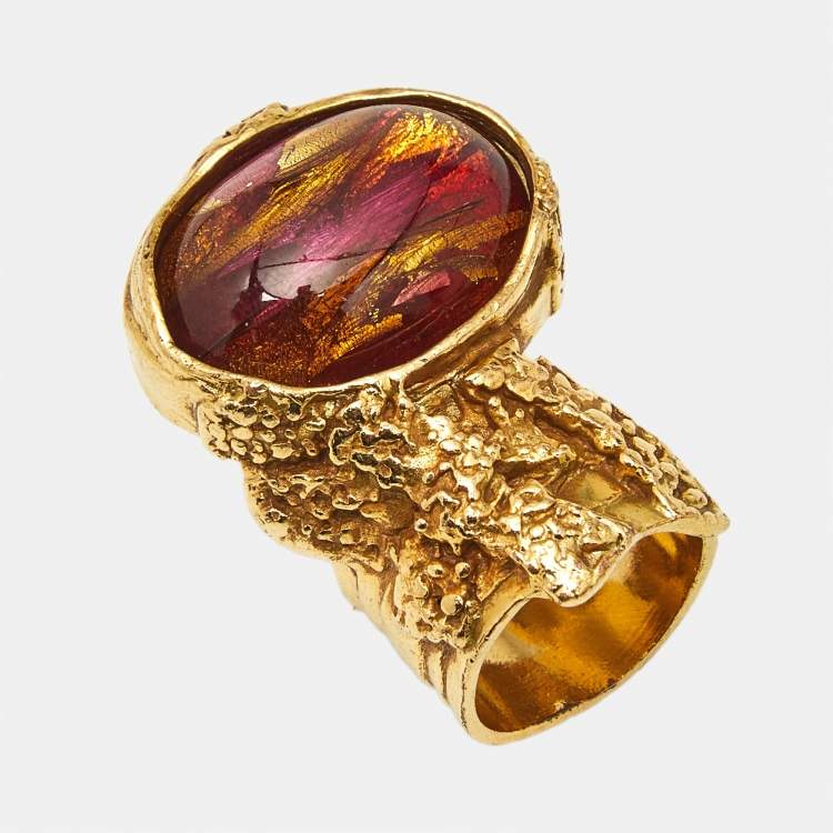 Pre Owned Yves Saint Laurent Arty Multi Color Glass Cabochon Gold Tone Ring Size 54