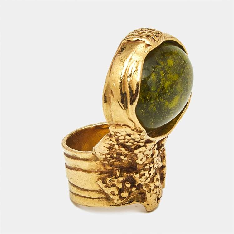Pre Owned Yves Saint Laurent Arty Glass Gold Tone Ring Size 55