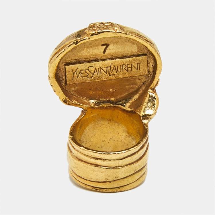 Pre Owned Yves Saint Laurent Arty Glass Gold Tone Ring Size 55