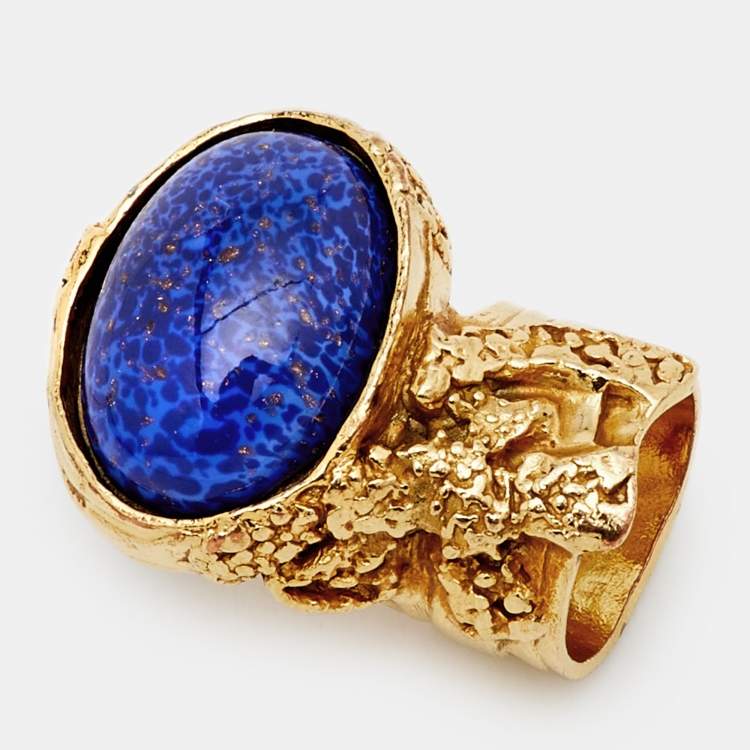Pre Owned Yves Saint Laurent Blue Cabochon Gold Tone Arty Cocktail Ring Size 52