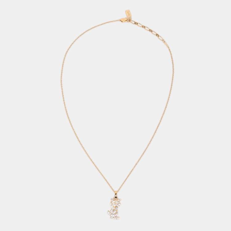 Pre Owned Yves Saint Laurent Gold Tone Crystal Logo Necklace