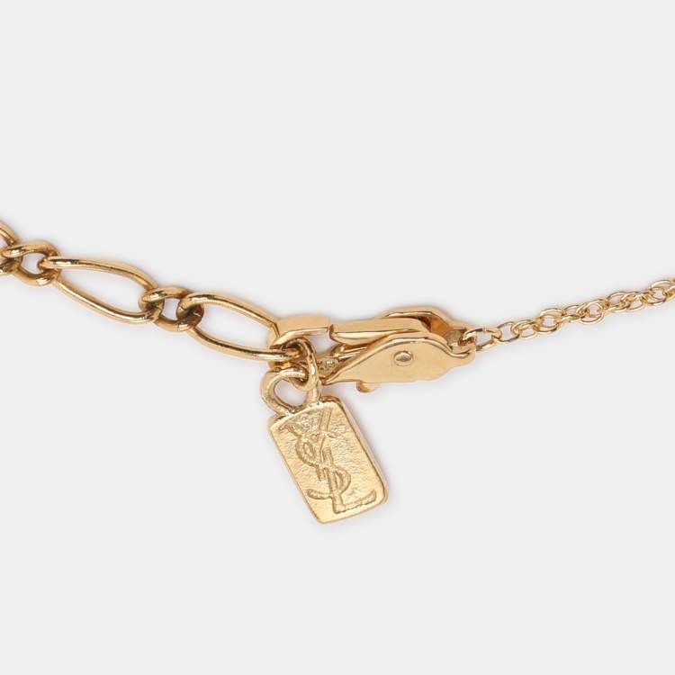 Pre Owned Yves Saint Laurent Gold Tone Crystal Logo Necklace