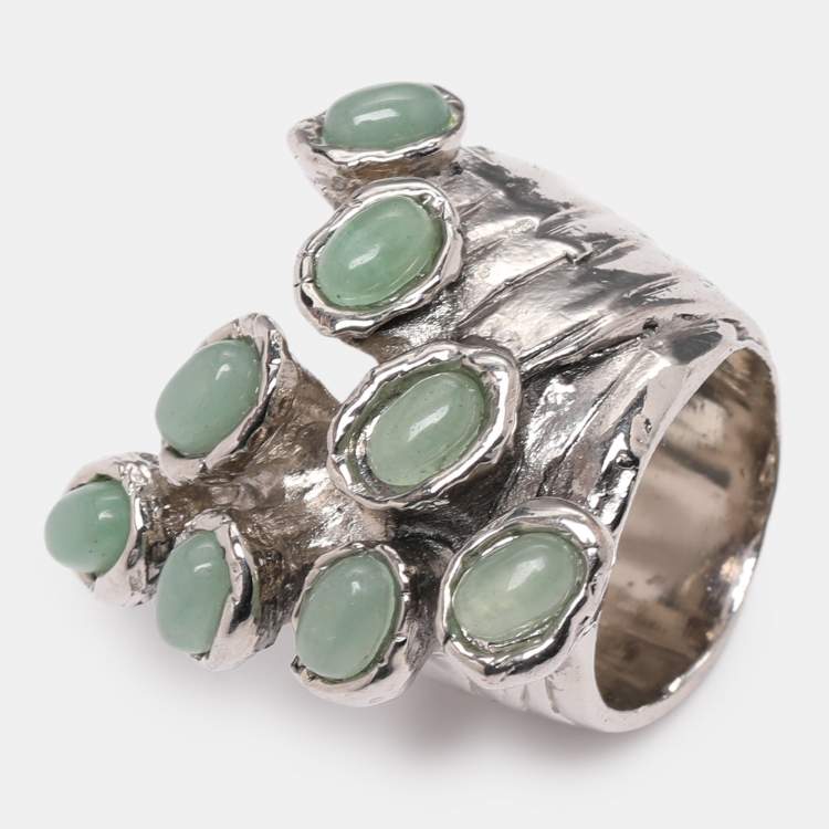 Pre Owned Yves Saint Laurent Arty Dots Green Cabochon Silver Tone Ring Size 49