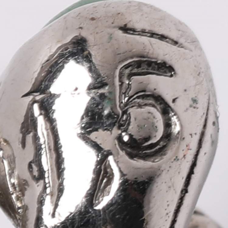 Pre Owned Yves Saint Laurent Arty Dots Green Cabochon Silver Tone Ring Size 49