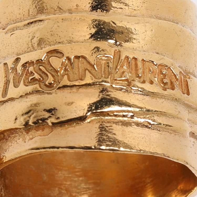 Pre Owned Yves Saint Laurent Arty Dots Green Cabochon Gold Tone Ring Size 49