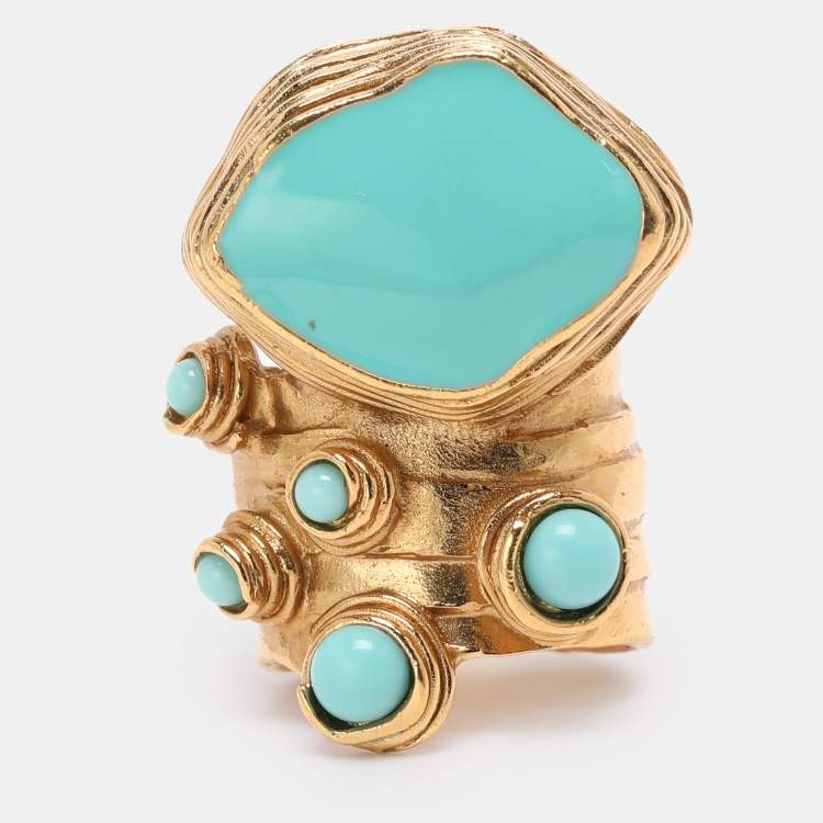 Pre Owned Yves Saint Laurent Arty Dots Green Cabochon Gold Tone Ring Size 49