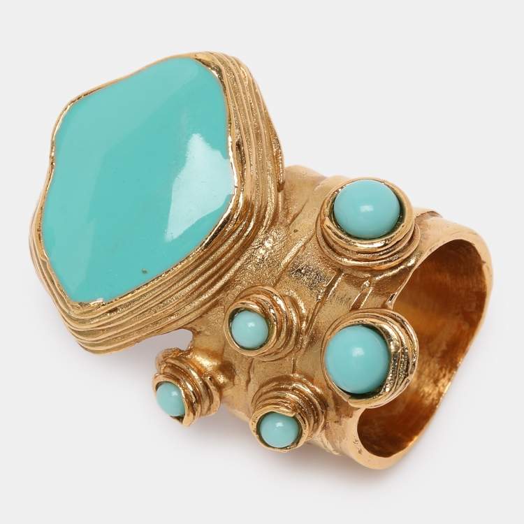 Pre Owned Yves Saint Laurent Arty Dots Green Cabochon Gold Tone Ring Size 49