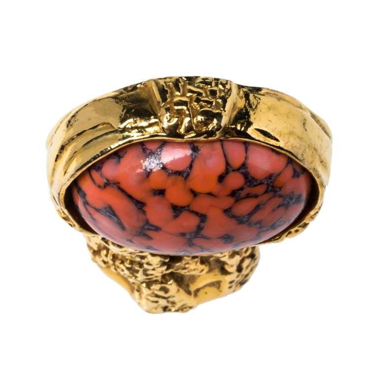 Pre Owned Yves Saint Laurent Arty Glass Cabochon Gold Tone Cocktail Ring Size 6