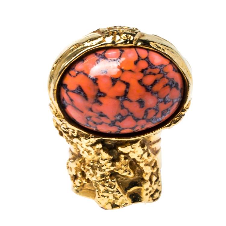 Pre Owned Yves Saint Laurent Arty Glass Cabochon Gold Tone Cocktail Ring Size 6