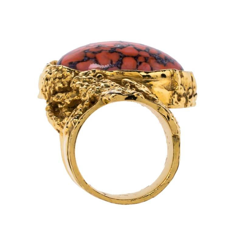 Pre Owned Yves Saint Laurent Arty Glass Cabochon Gold Tone Cocktail Ring Size 6