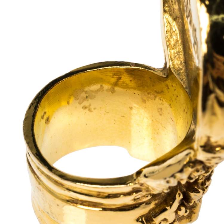 Pre Owned Yves Saint Laurent Arty Glass Cabochon Gold Tone Cocktail Ring Size 6
