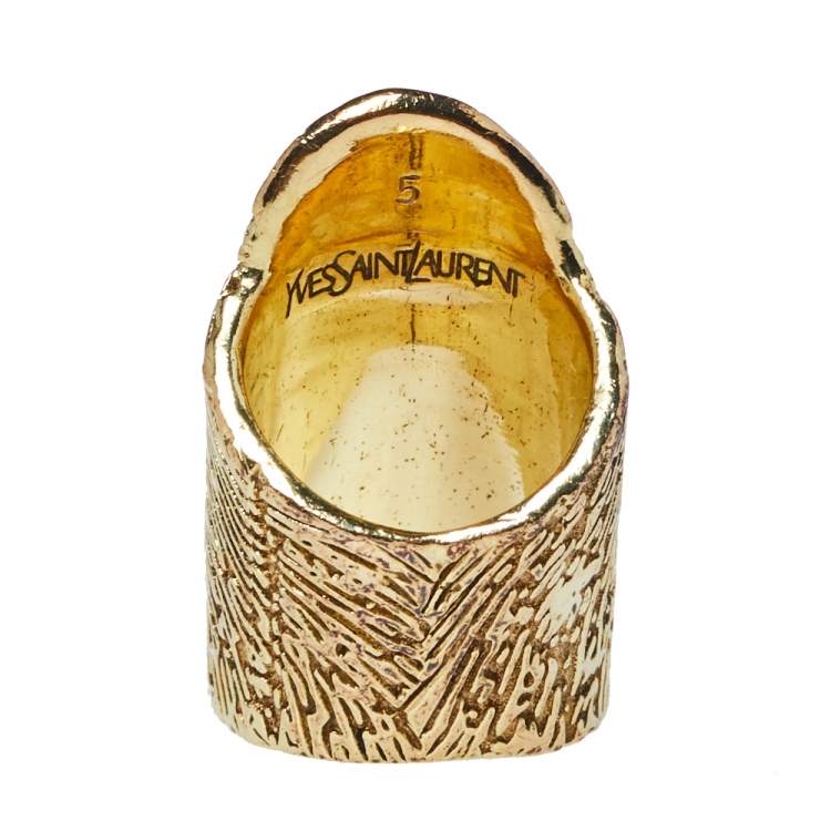 Pre Owned Yves Saint Laurent Embossed Fingerprint Gold Tone Ring 52