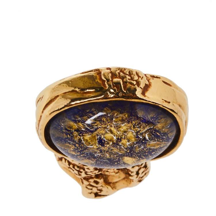 Pre Owned Yves Saint Laurent Arty Glass Cabochon Gold Tone Cocktail Ring Size 54