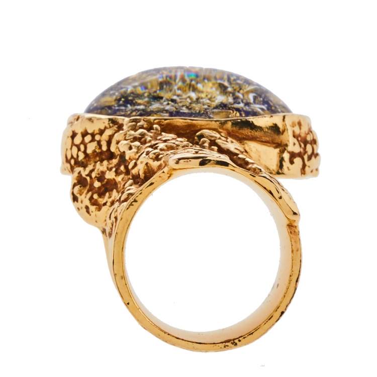 Pre Owned Yves Saint Laurent Arty Glass Cabochon Gold Tone Cocktail Ring Size 54