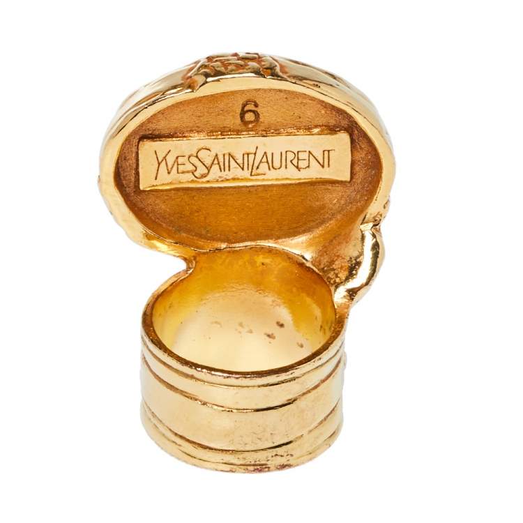 Pre Owned Yves Saint Laurent Arty Glass Cabochon Gold Tone Cocktail Ring Size 54