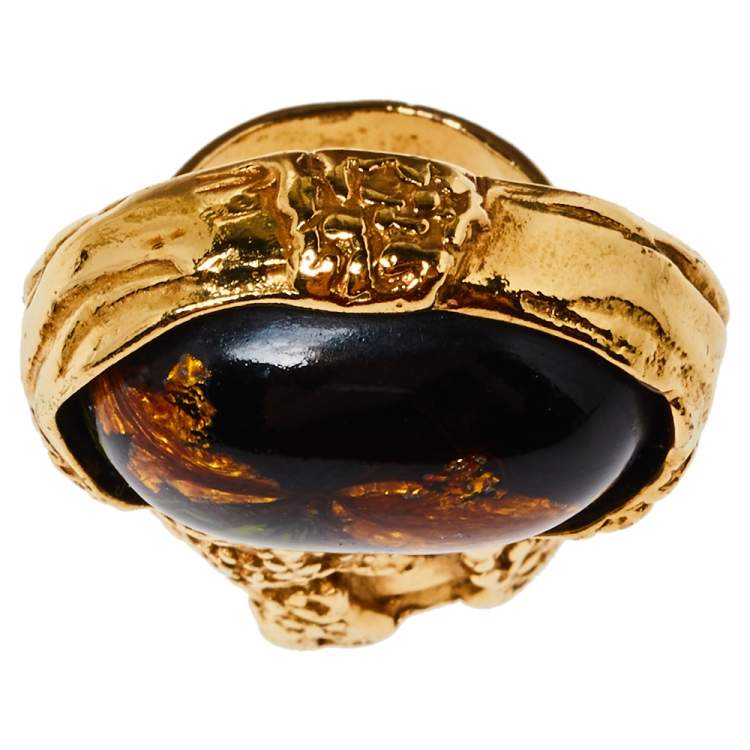 Pre Owned Yves Saint Laurent Black Cabochon Ovale Arty Ring Size EU 57