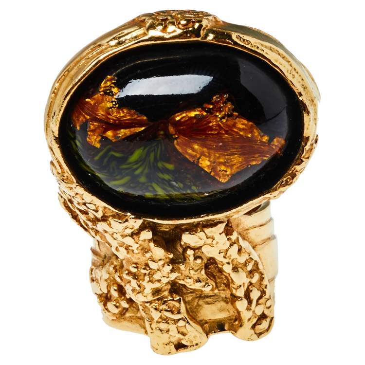 Pre Owned Yves Saint Laurent Black Cabochon Ovale Arty Ring Size EU 57