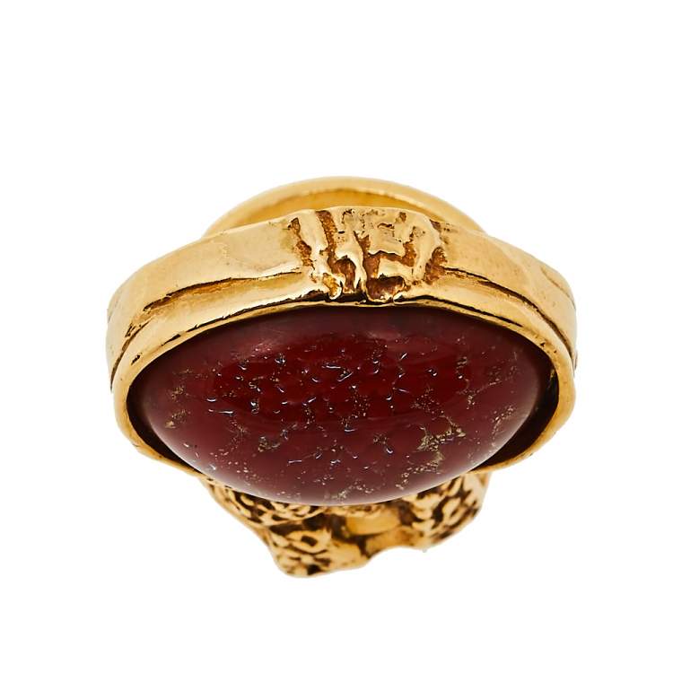 Pre Owned Yves Saint Laurent Red Glass Cabochon Arty Ring Size EU 57