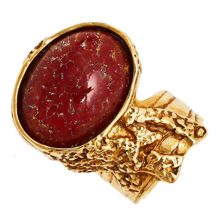 Pre Owned Yves Saint Laurent Red Glass Cabochon Arty Ring Size EU 57