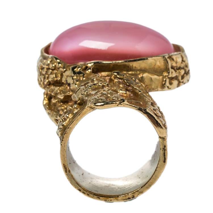 Pre Owned Yves Saint Laurent Pink Glass Cabochon Arty Ring Size 5