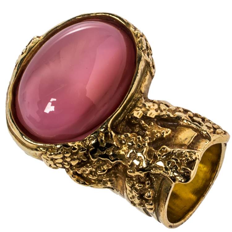 Pre Owned Yves Saint Laurent Pink Glass Cabochon Arty Ring Size 5