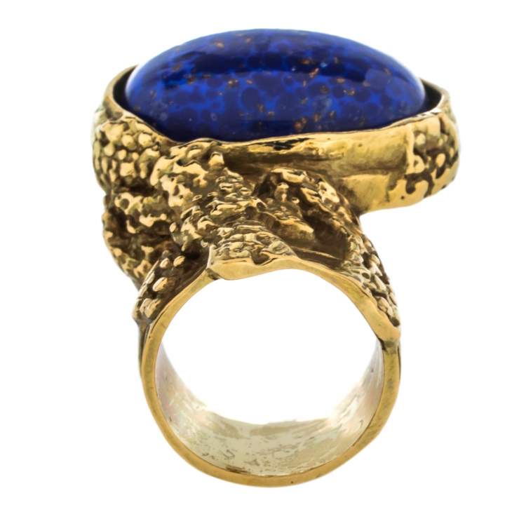 Pre Owned Yves Saint Laurent Blue Cabochon Gold Tone Arty Ring Size 6