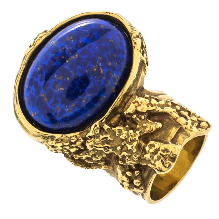 Pre Owned Yves Saint Laurent Blue Cabochon Gold Tone Arty Ring Size 6