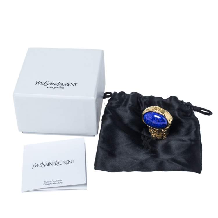 Pre Owned Yves Saint Laurent Blue Cabochon Gold Tone Arty Ring Size 6