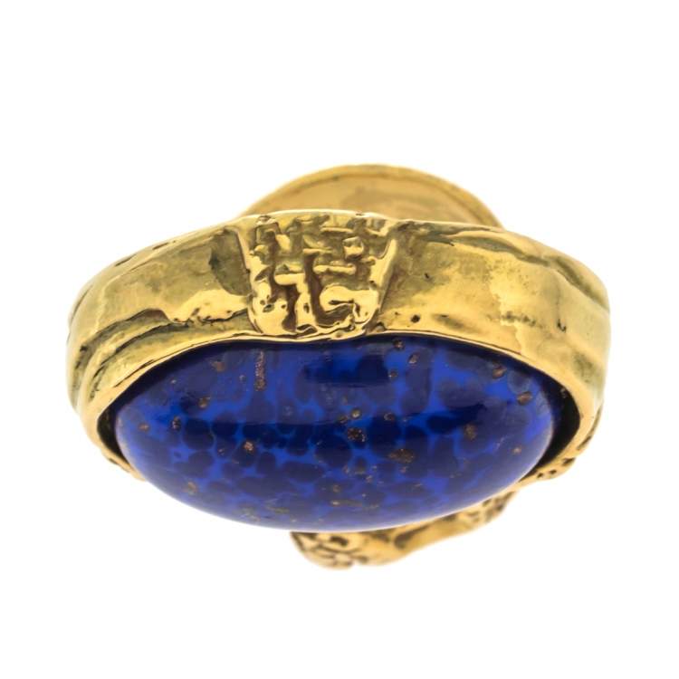 Pre Owned Yves Saint Laurent Blue Cabochon Gold Tone Arty Ring Size 6