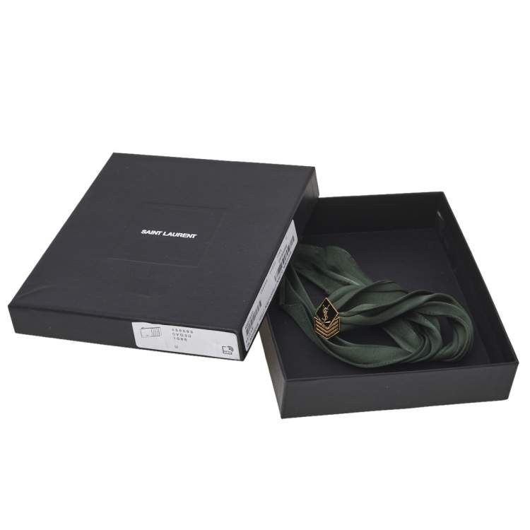 Pre Owned Yves Saint Laurent Logo Medallion Olive Green Satin Silk Choker