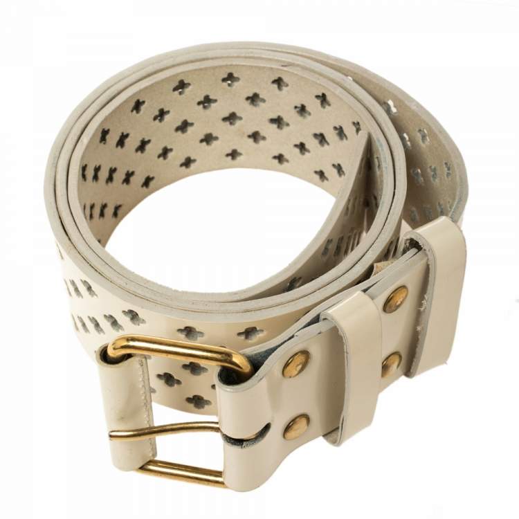 Pre Owned Yves Saint Laurent White Perforated Patent Leather Buckle Belt 90CM