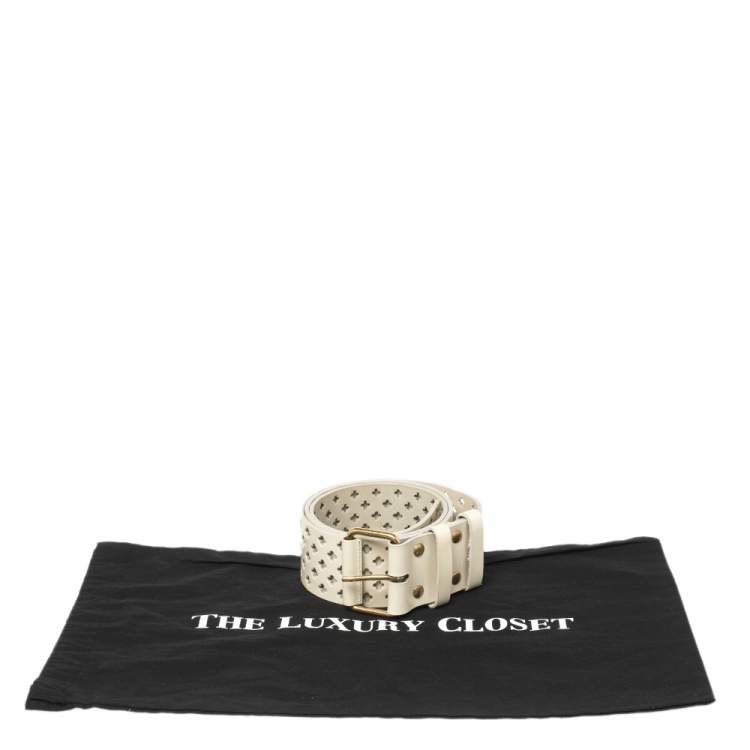 Pre Owned Yves Saint Laurent White Perforated Patent Leather Buckle Belt 90CM