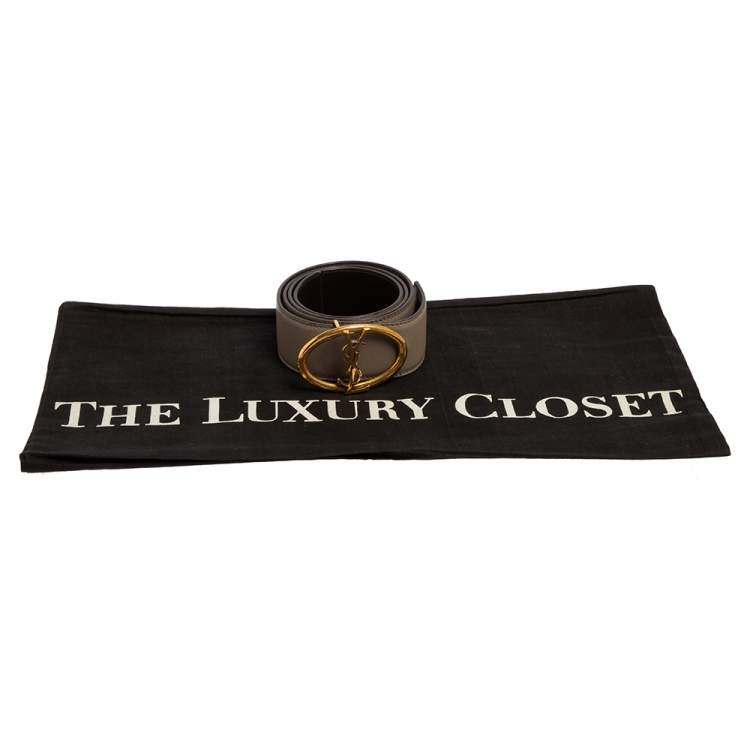 Pre Owned Yves Saint Laurent Grey Leather Logo Oval Buckle Belt 80CM